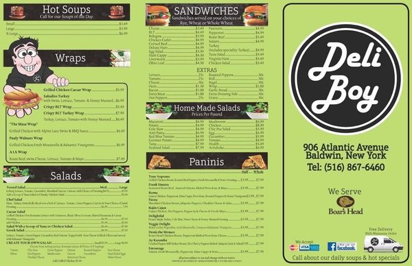 Deli Boy menu featuring wraps and salads