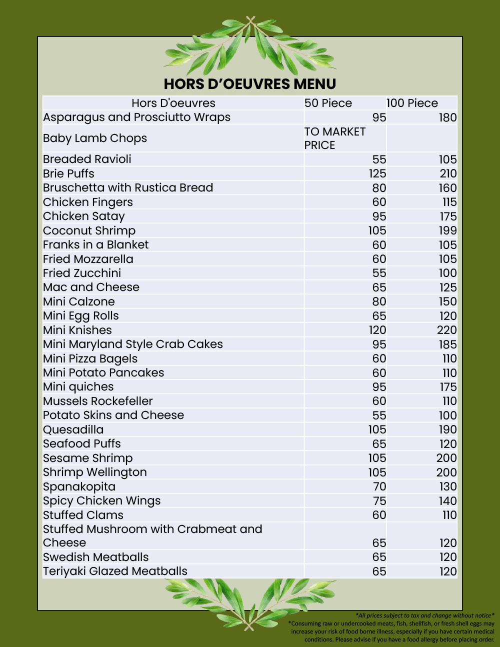 Northport Deli menu ↗” Catering Hors D'Oeuvres Menu