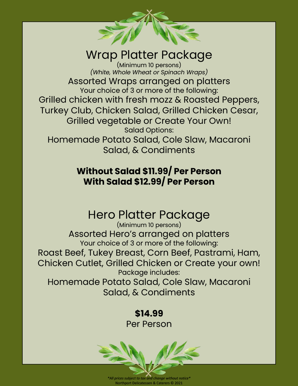 Northport Deli menu ↗” Catering Wrap Platter Package, Hero Platter Package