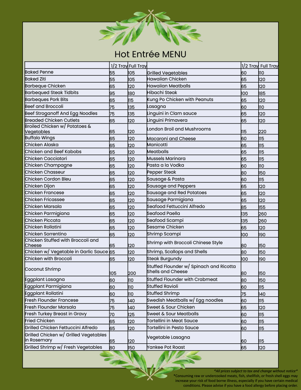 Northport Deli menu ↗” Catering Hot Entree Menu
