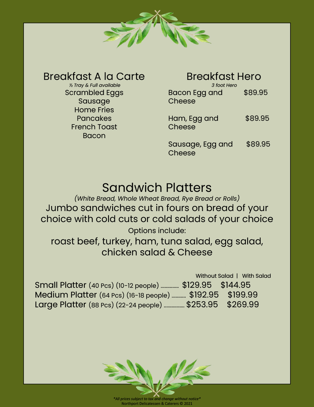 Northport Deli menu ↗” Catering Breakfast Ala Carte, Breakfast Hero, Sandwich Platters