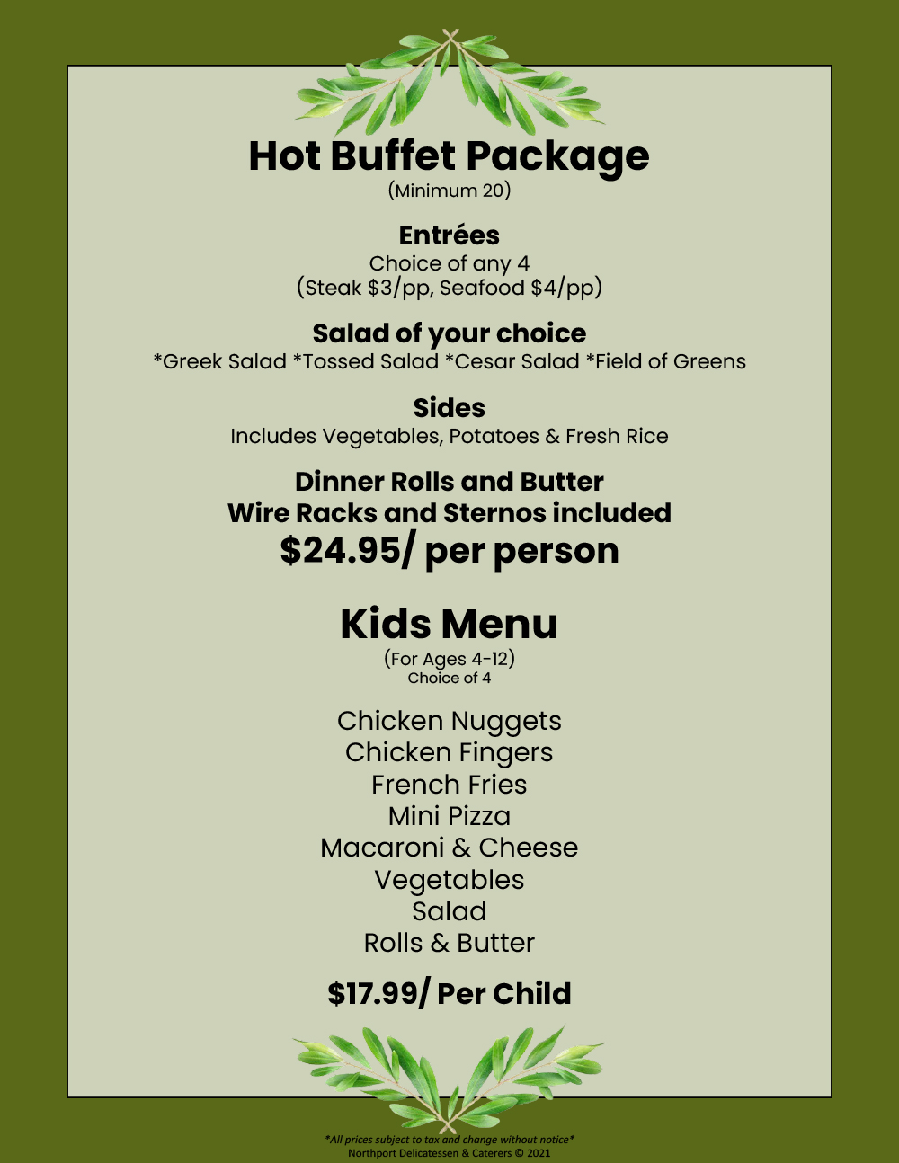 Northport Deli menu ↗” Catering Hot Buffet Packages, Catering Kids Menu